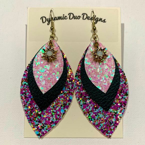 Glitter Faux Leather earrings with gold Opal accent charm - Picture 4 of 5